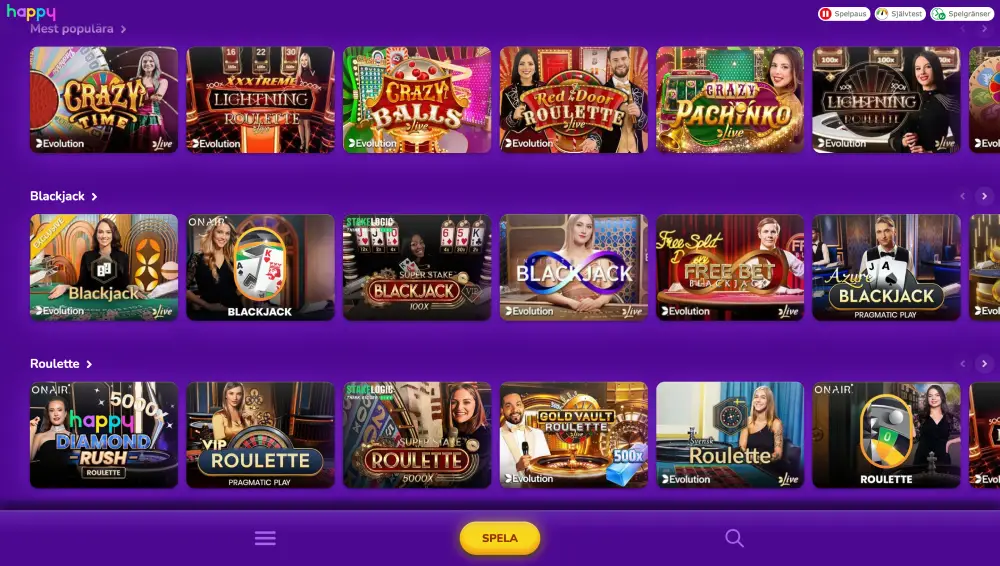 Live-spel på Happy online casino